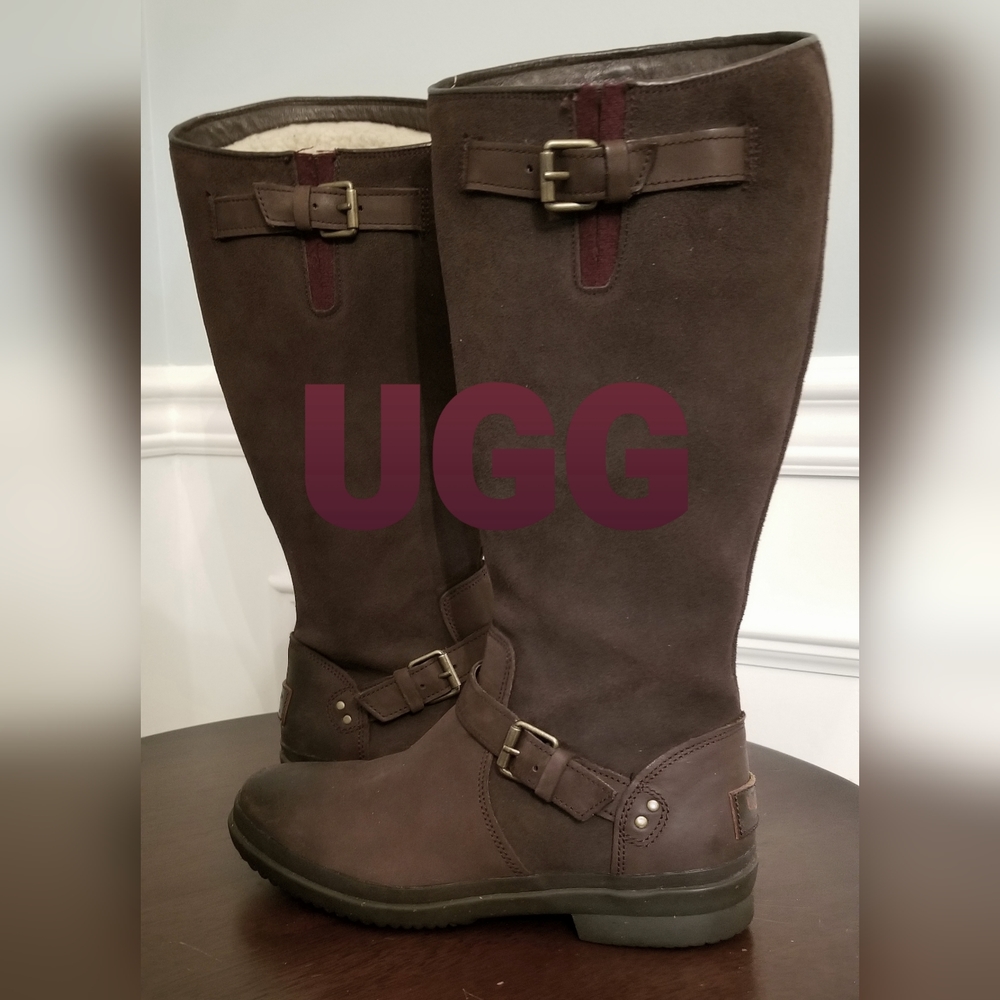 UGG SUEDE & LEATHER WATERPROOF BOOTS SIZE 8 - CHOCOLATE BROWN